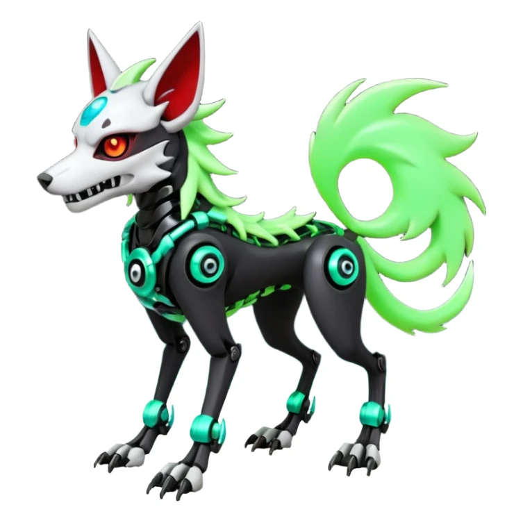 Hyper realistic demonic skeletal black and neon green futuristic shiny colorful mechanical bioluminescent cyber-Cyborg-Poochyena-Lycanroc-Zorua-Litten-Houndoom-Fakémon-Pokémon-Digimon-hybrid-fusion (full body) with a skull face sticker