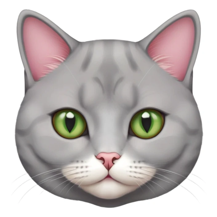a female cat, british short hair mixed with scottish, grey white fur with a little bit of red-brownish, warm green eyes, pink nose sticker