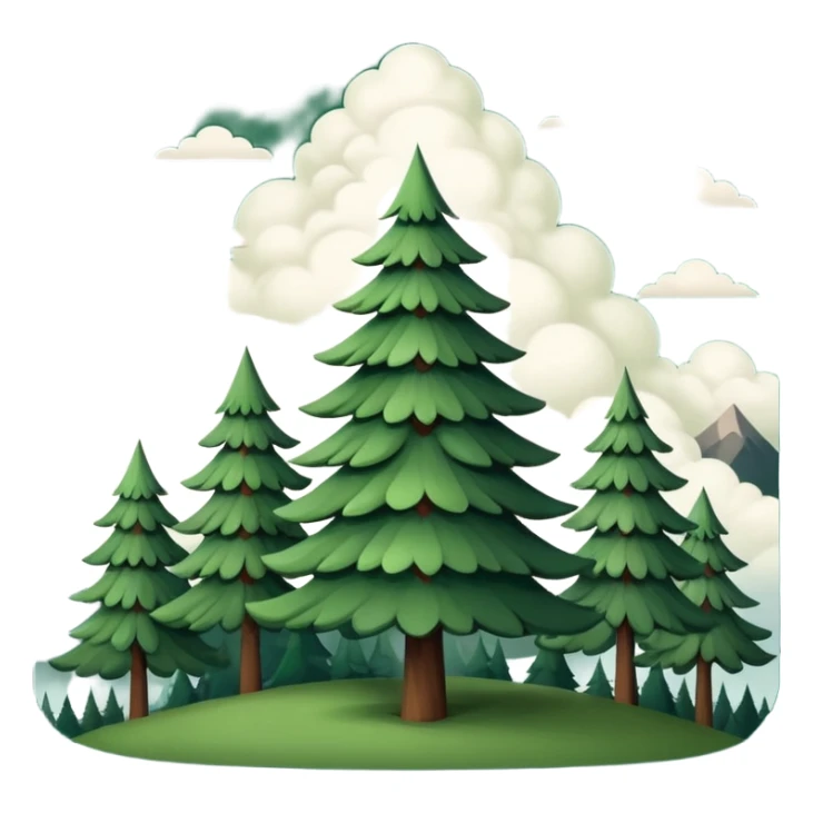 simple single evergreen tree with clouds and mountain in Scandinavian folk style, dark neutral forest colors, favicon or emoji style sticker
