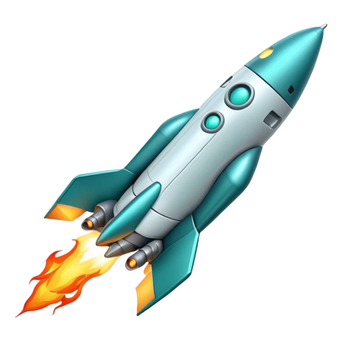 robotic teal spaceship launching to the right with rocket flames sticker