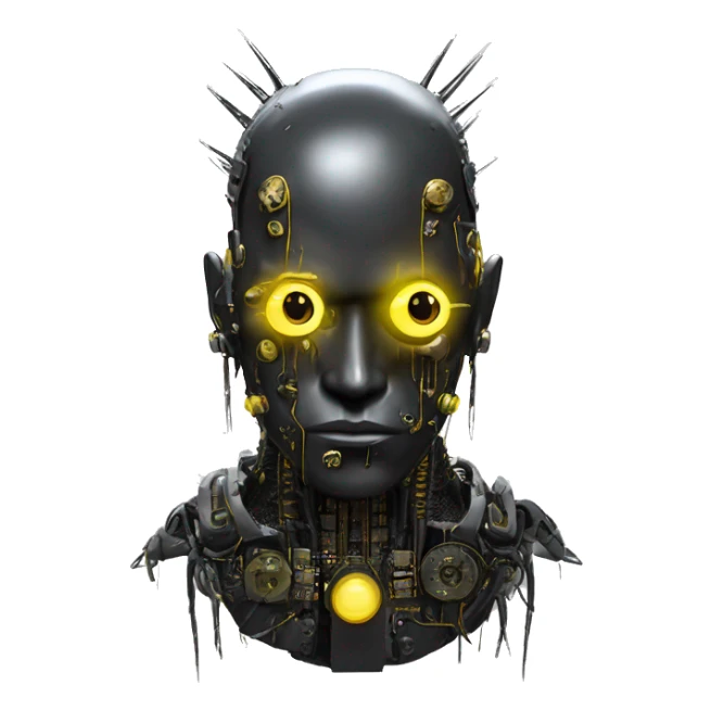 black metal cyborg head with circuitry, one artificial eyeball, and yellow Mohawk goatee sticker