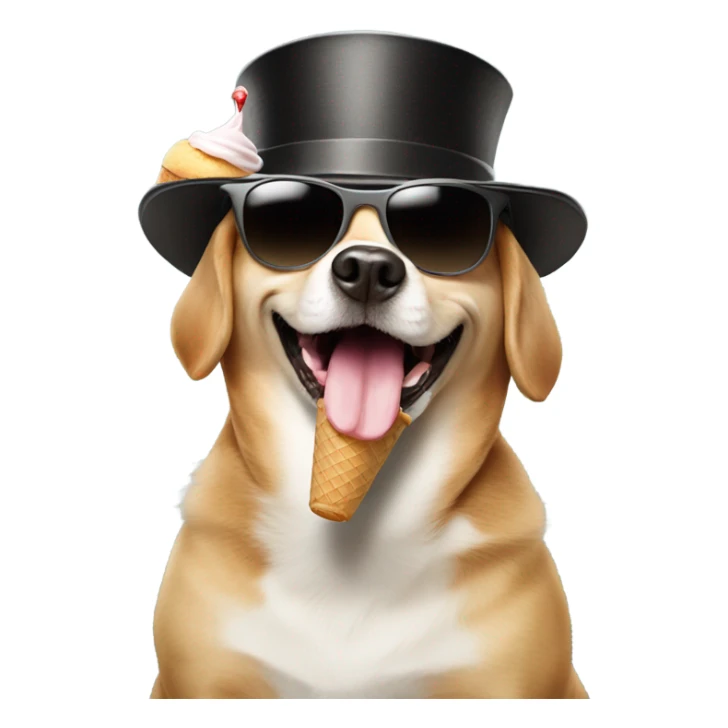 Dog with sunglasses and a top hat eating ice cream sticker