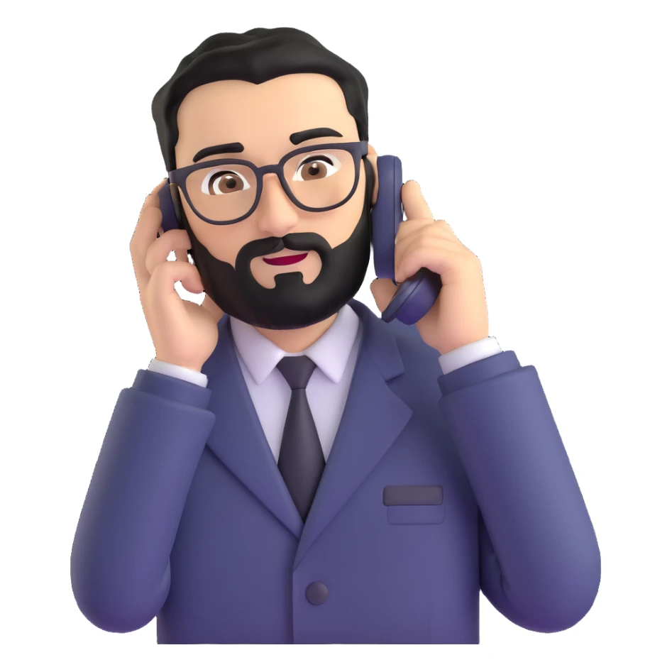 businessman with medium black beard, black hair styled to one side, connected unibrow, olive skin, brown eyes, glasses, prominent nose, in formal black jacket, in the process of dialing or answering phone call, with subtle modern office environment sticker