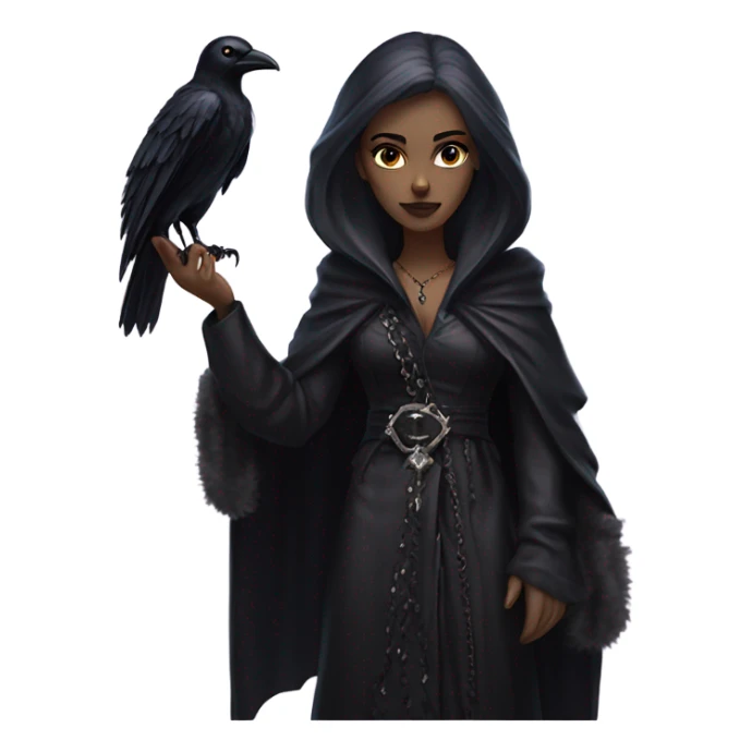 the morrigan goth woman version vines style furr robe stylish boots, perfect eyes, raven on hand sticker