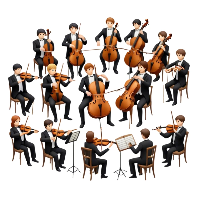 Icon for Classical Music: chamber orchestra with musicians playing string instruments (violins, violas, cellos) and a conductor leading the ensemble. The intimate, refined atmosphere. Transparent background. sticker