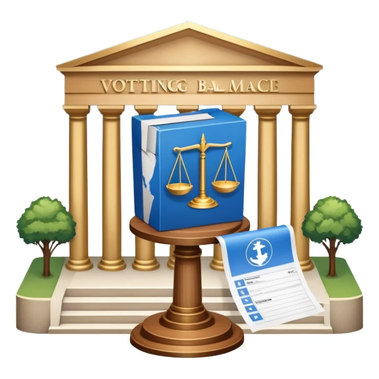 An icon featuring a ballot box with a voting paper, a government building with columns, and a scale of justice, symbolizing political science. The design includes a world map in the background, representing global political systems. Transparent background highlights governance and civic studies. sticker