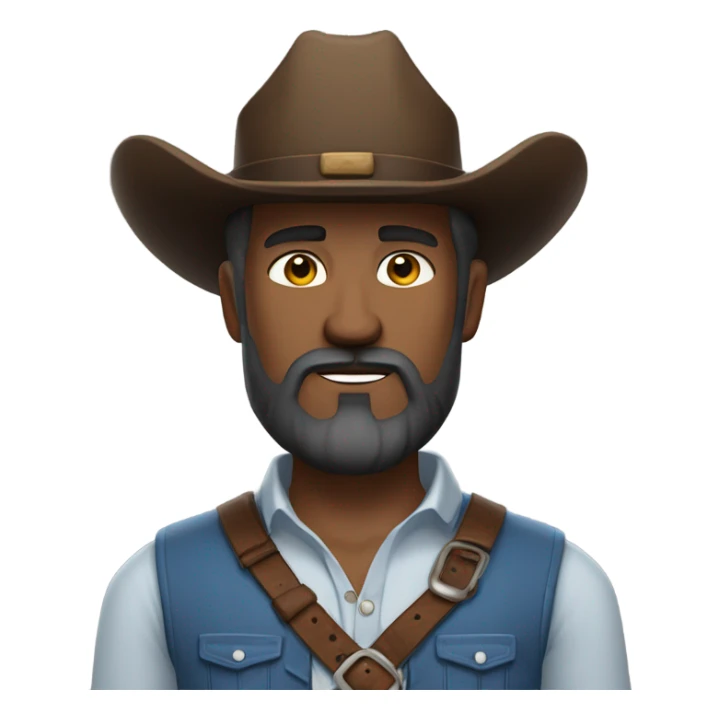 a rugged cowboy with a thick beard, wearing a blue vest over a classic western shirt and a brown belt with a silver buckle. He should have a confident stance, exuding a strong and adventurous frontier spirit. sticker