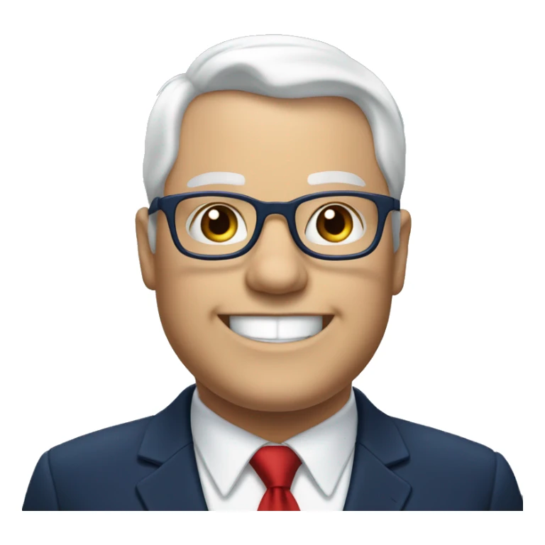 A fat man, white hair, with glasses, no beard, smiling with teeth, and wearing a navy blue suit and red tie sticker