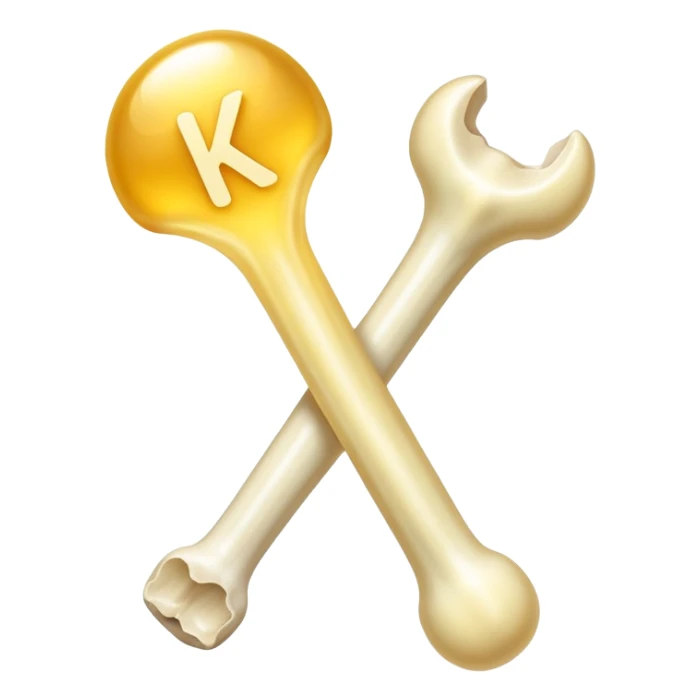 Simple, minimalist vitamin K2 symbol with a soft golden glow beside a bright, luminous bone. Both elements emit a gentle ethereal light, with subtle connections between them showing K2's role in bone health. sticker