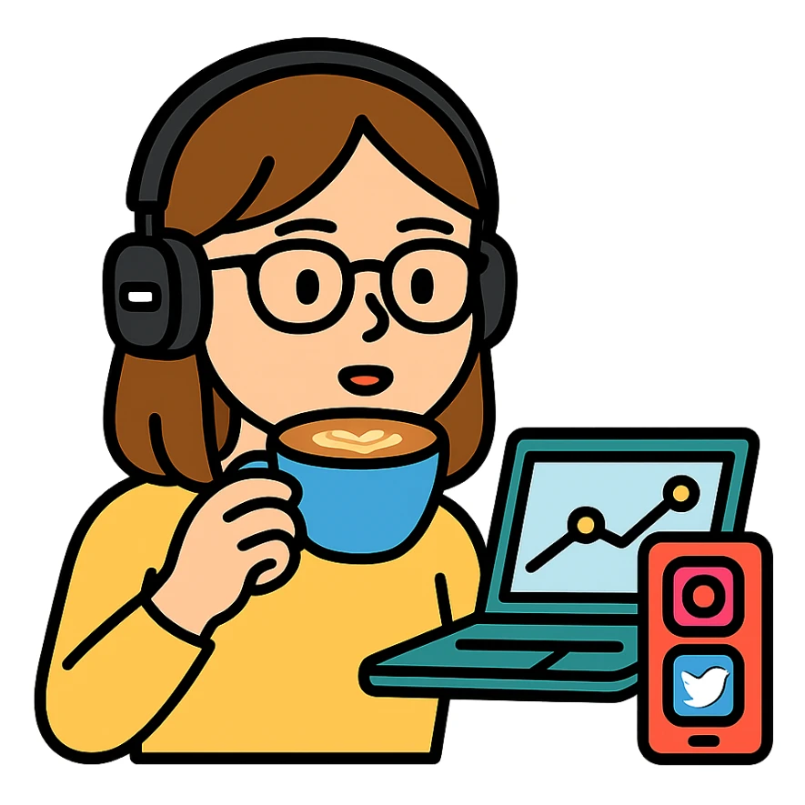 A girl with shoulder-length brown straight hair, wearing black-rimmed glasses, light skin, brown eyes, and black Marshall headphones, drinking a cappuccino. She is a social media manager, so include visual elements like a phone with social media apps or a laptop with analytics. sticker