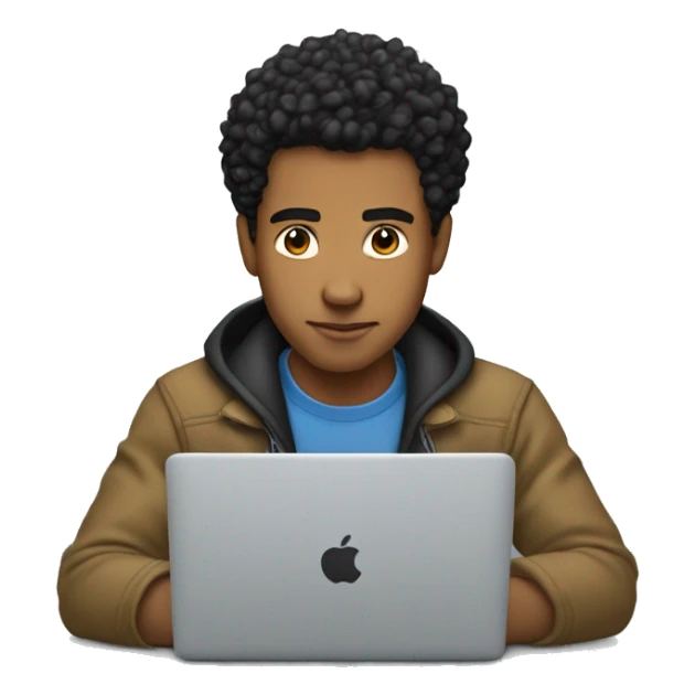 light skin man with black messy slickback hair working on his macbook laptop looking down  sticker