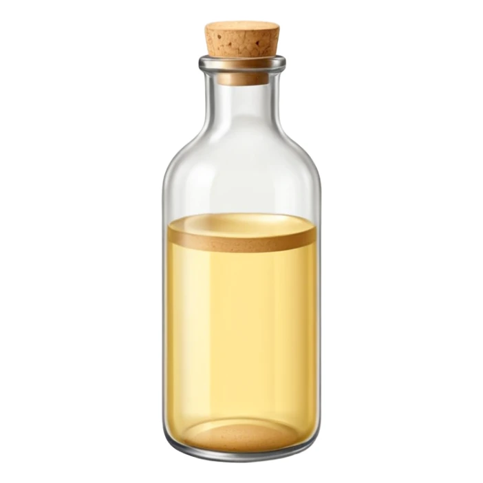 simple glass bottle with pale golden liquid inside, capped with a cork or screw cap, slender practical shape, soft label suggesting everyday use, clear light yellow hue visible through the glass, no glass, pour, or branding, closed bottle, soft lighting, subtle shadows, emoji scale sticker