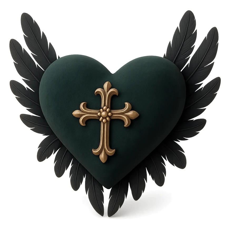 gothic heart in 3D black style, dark emerald velvet texture, silver cross ornament, feather details, lush and gothic style sticker