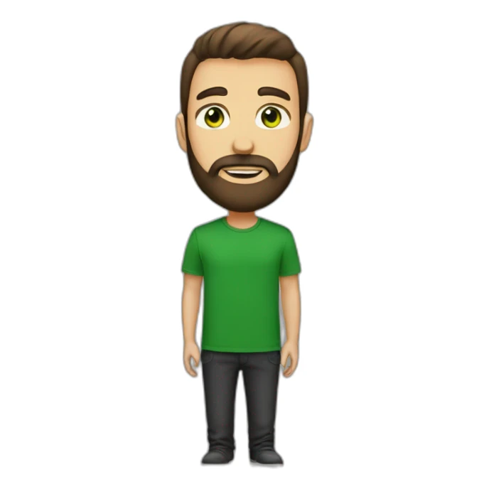 a medium and brown beard man. green eyes. black t-shirt sticker