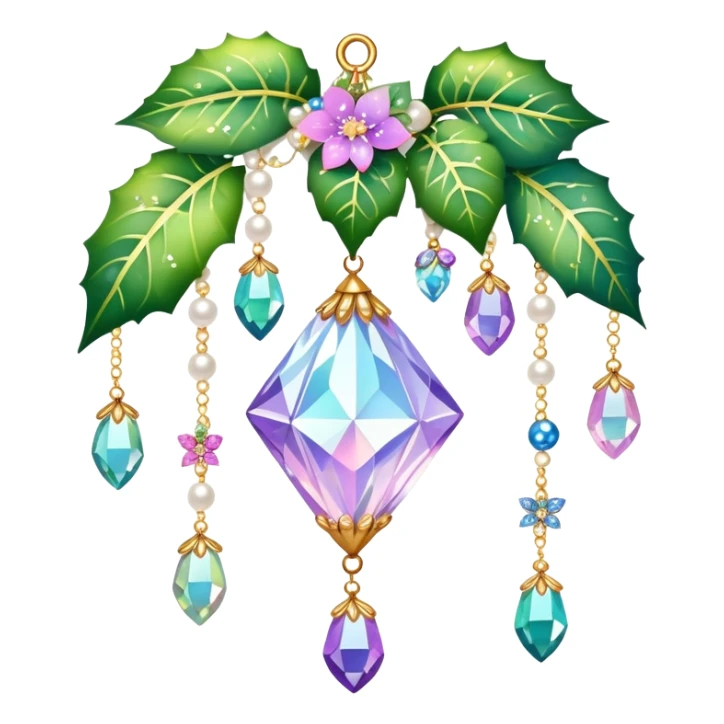 Exotic romantic Few cute tiny Iridescent glistening glossy sparkly shiny glittery hanging crystals pearls and beads and gemstones scenery scenic decorations with ivy and flowers sticker
