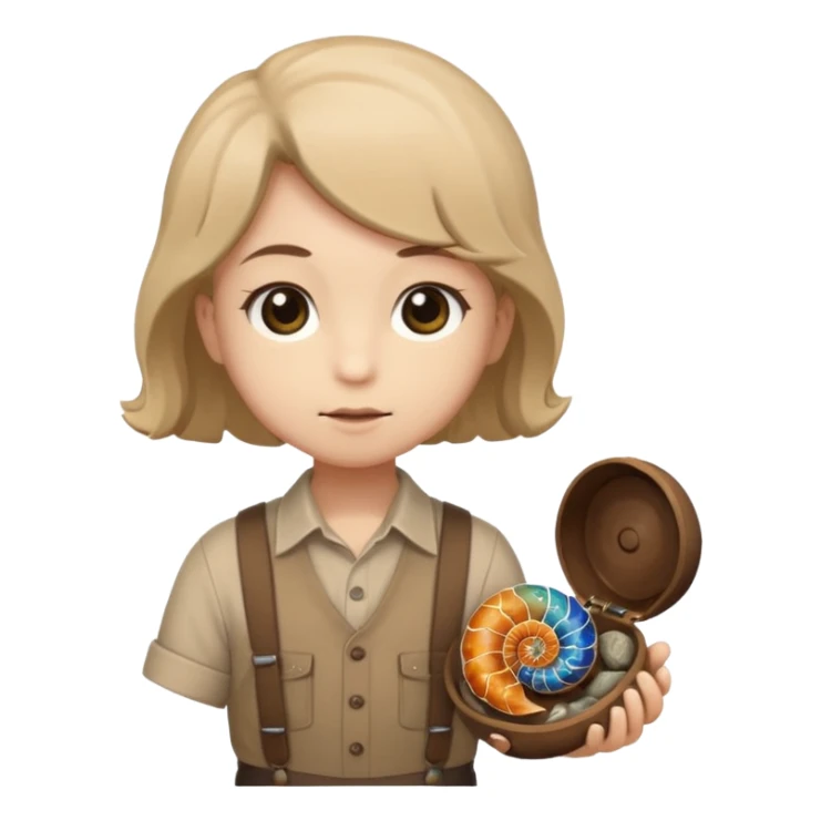 Shelly has a small, chibi-style body with a large ammonite-shaped head that looks like a beige fossil shell. One side of her head has a dark opening, making it clear she isn’t human. Her face is simple and soft, with big round eyes. She wears a brown suspender outfit over a lighter shirt sticker