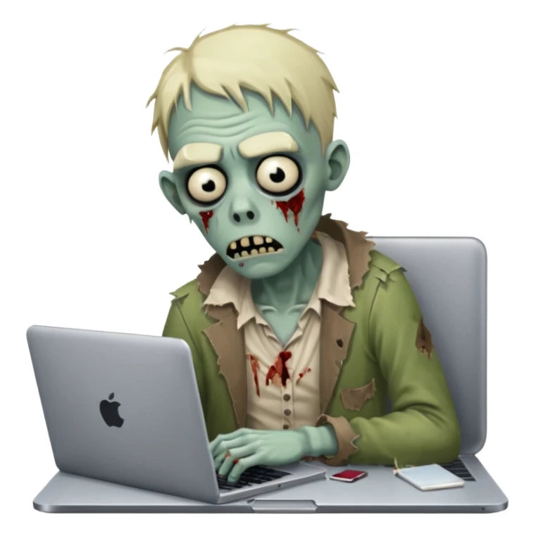 A tired sad zombie behind a laptop sticker