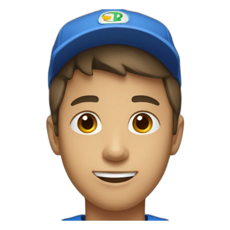 A young man with a blue cap and a blue t-shirt sticker