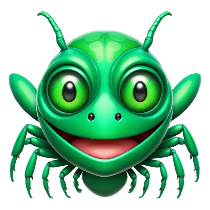 Cinematic Comical Green Bugdie Portrait Emoji, Head tilted dramatically with an exaggeratedly amused expression, featuring a striking, glossy emerald exoskeleton with bold patterns, wide, expressive multifaceted eyes filled with playful disbelief, Simplified yet hilariously expressive features, highly detailed, glowing with a slightly sassy glow, high shine, dramatic yet playful, stylized with an air of cheeky mischief, bright and endearing, soft glowing outline, capturing the essence of a spirited and over-the-top bug, so meme-worthy it feels like it could side-eye its way into internet fame instantly! sticker