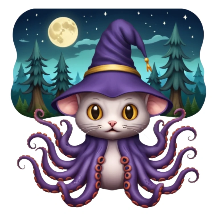 a cat that looks like a wizard that is half monster half octopus holding a rat looking super scary and mysterious with forest background nighttime sky sticker