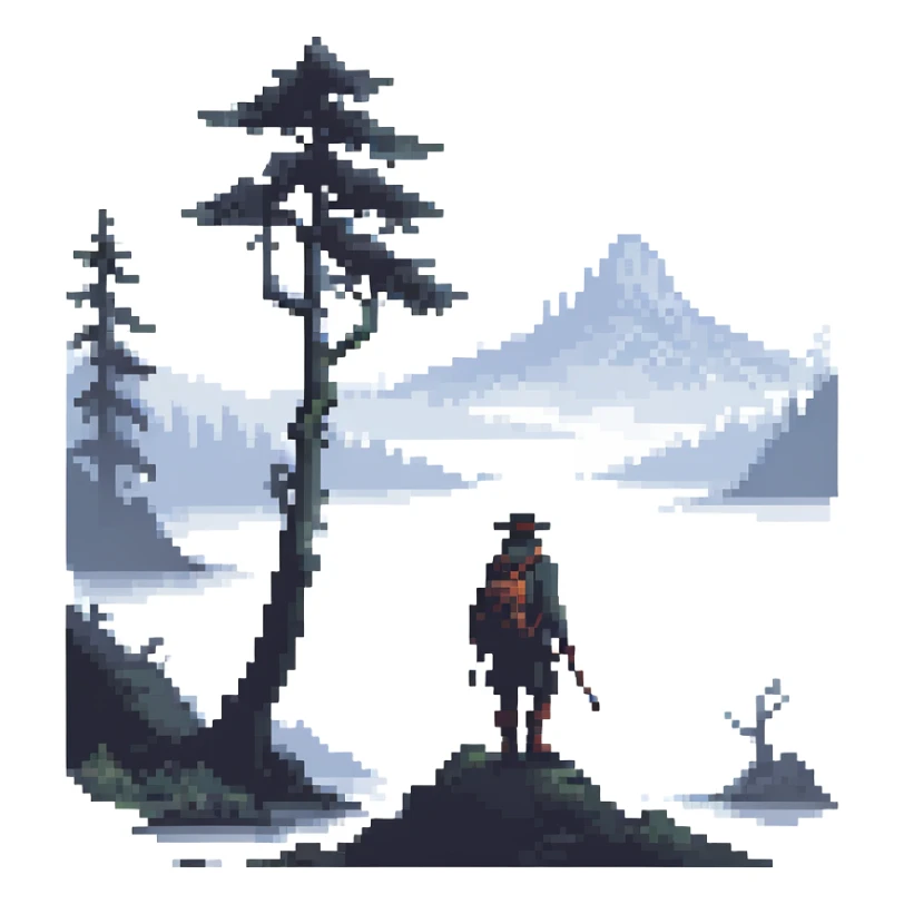 silhouette of wanderer in foggy landscape sticker