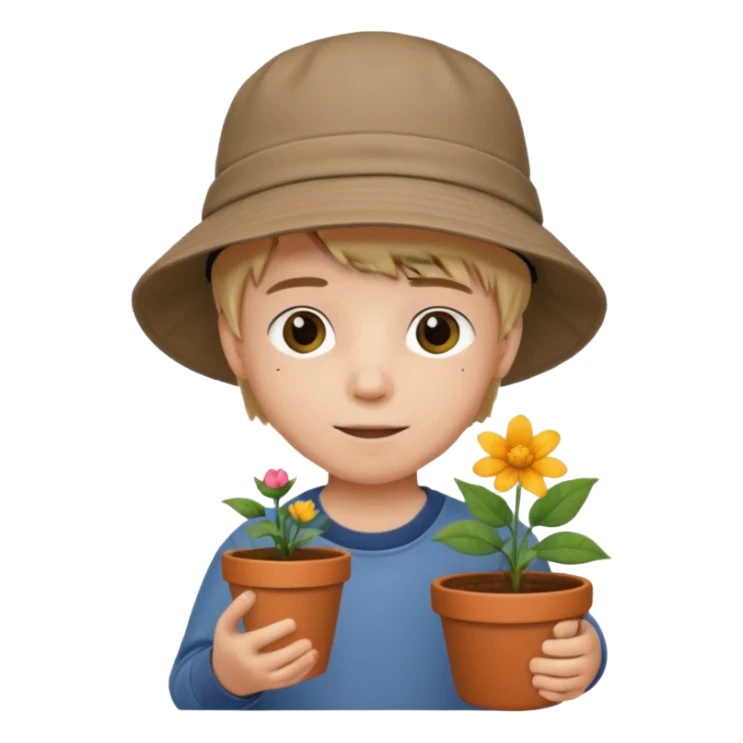 young boy wearing bucket hat, holding a flower pot sticker