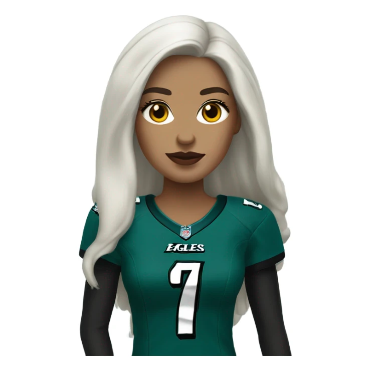White female long dark hair red lips wearing Philadelphia Eagles jersey sticker
