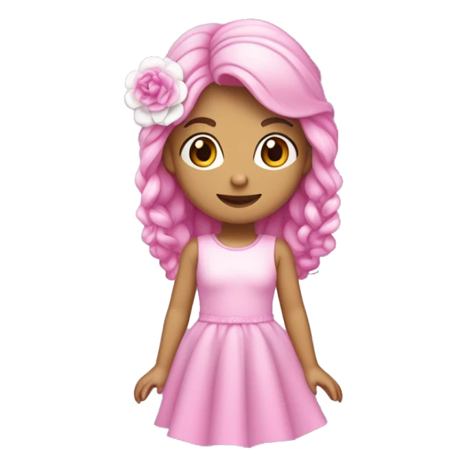 Menina com cabelo encaracolado em duas cores rosa do lado esquerdo e Lilás do lado direito. A menina está usando um vestido rosa claro com detalhes de flores brancas na barra e calçando tênis rosa brilhante. sticker