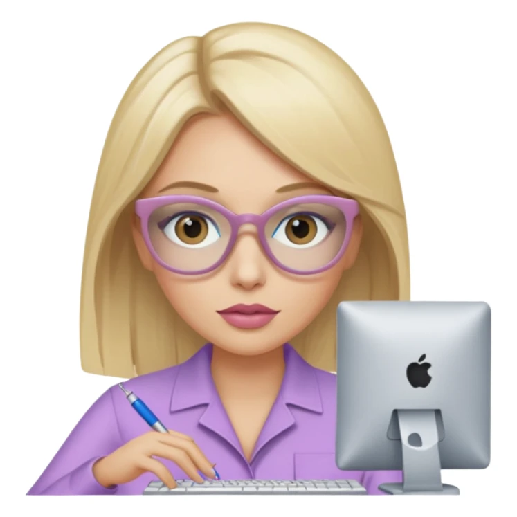 donna bella, occhi azzurri con occhiali, capelli medi, lisci e biondi, lavora al pc. Labbra color malva chiaro sticker