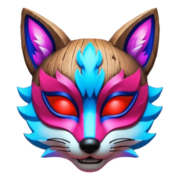 Ancient wooden mask, split in half, luminous and neon with red, blue and pink fox-like glow. sticker