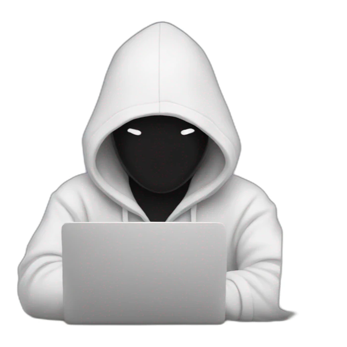 programmer with hoodie hood, no face and a laptop sticker