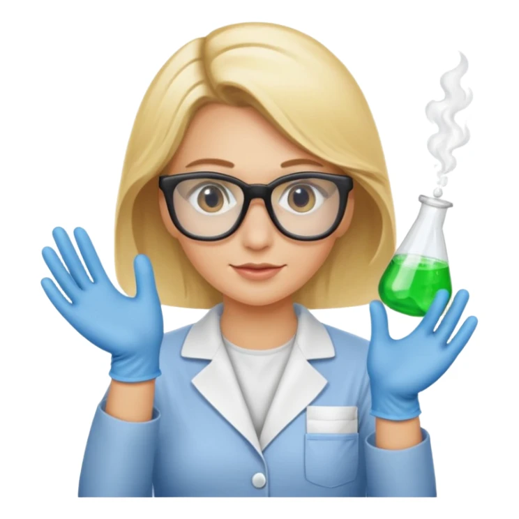 Eine hellblonde Chemikerin mit Kittel, Handschuhen, großer Labor-Sicherheitsbrille und typischem Erlmeyerkolben in der Hand sticker