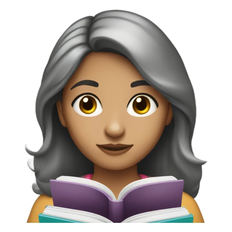 girl reading book, black eyes, Hispanic, grayish hair, wearing classes  sticker