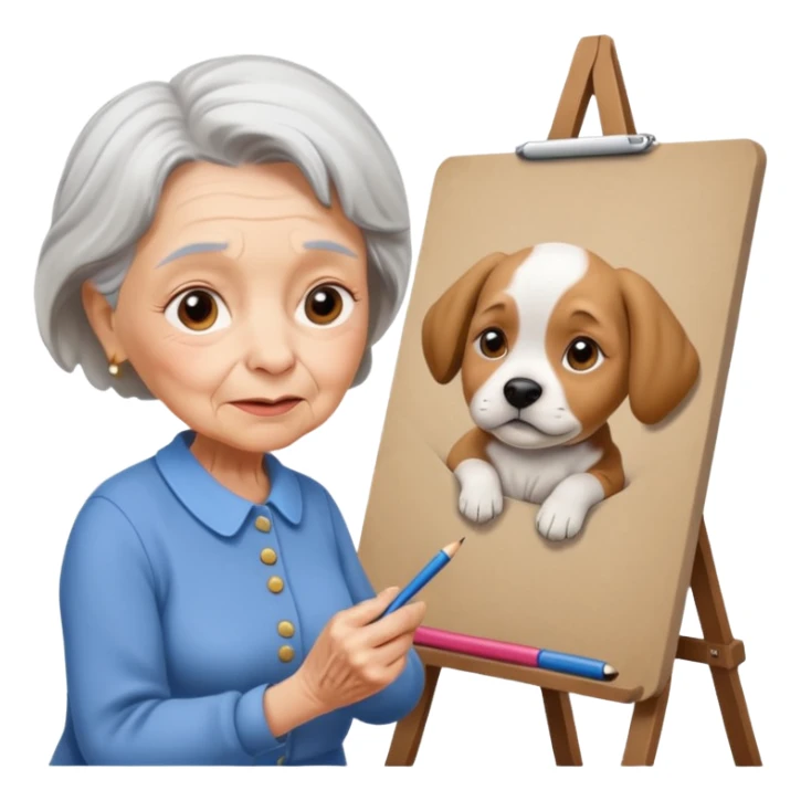 An elderly woman sketching, art board,nice picture, puppy face. sticker