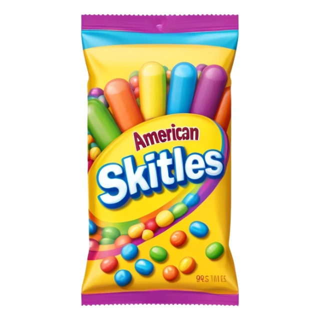 A 90s American Skittles candy package with bold colors, retro design elements, original 90s packaging with bright rainbow colors sticker