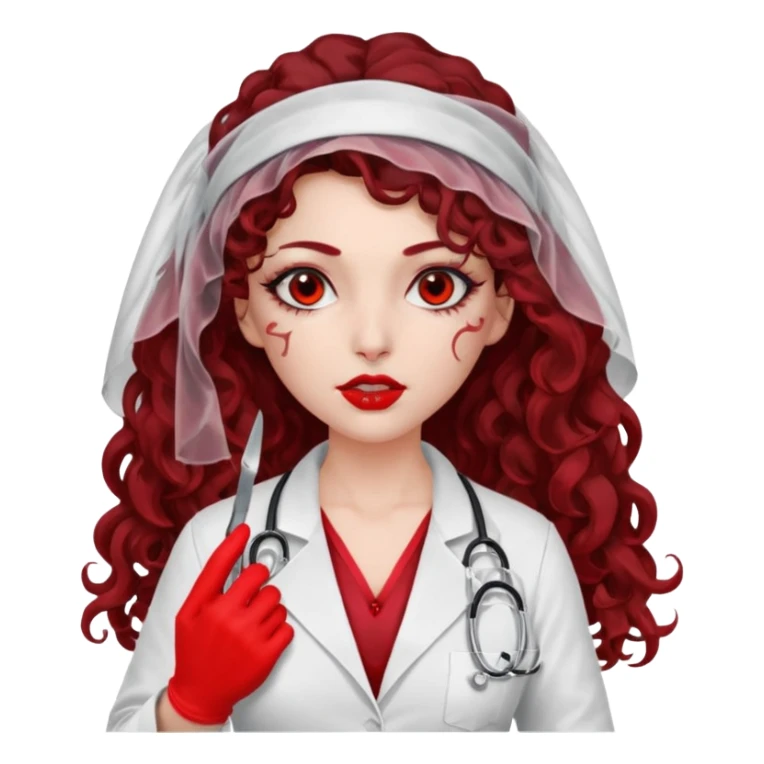 Lilith scalpel in hand, evil surgeon outfit.  She has red eyes. She has dark brown curly hair. Hair is long . Wears sexy doctor outfit with red gloves. Covers nose, neck and mouth with Muslims  sticker