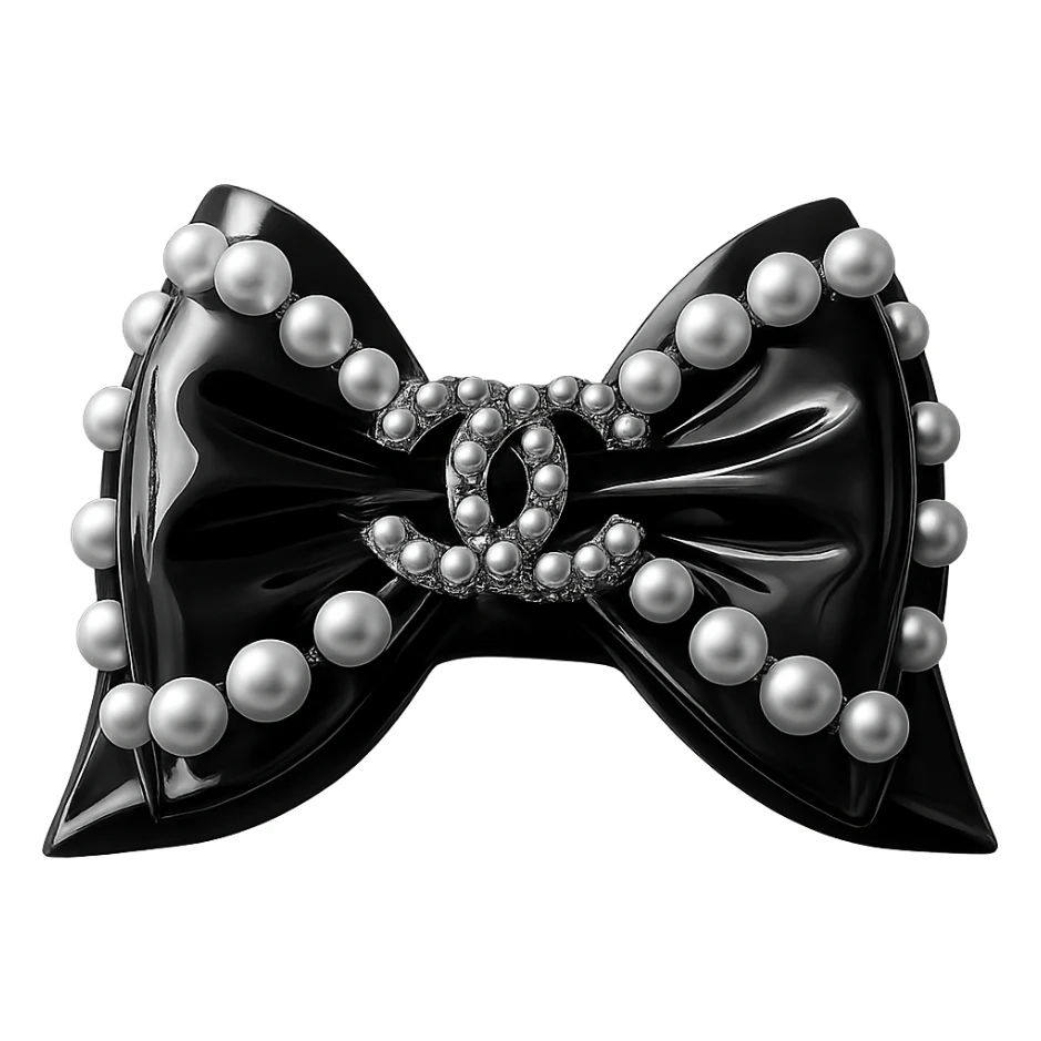 Remove the background, keep only the elegant bow with pearls and gold Chanel logo, glossy, monochrome, realistic style, with no background. sticker