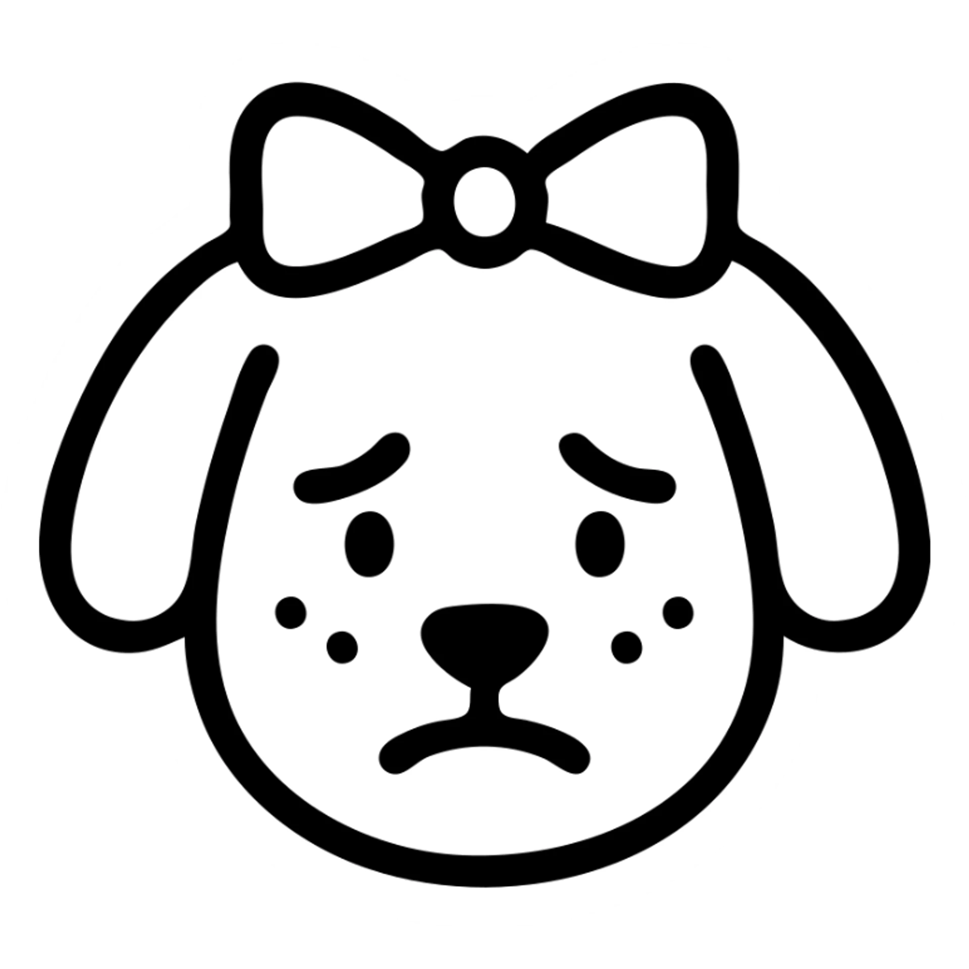 blushing, embarrassed dog with a ribbon on its head, black outlined, hollow icon style, simple and clean lines sticker