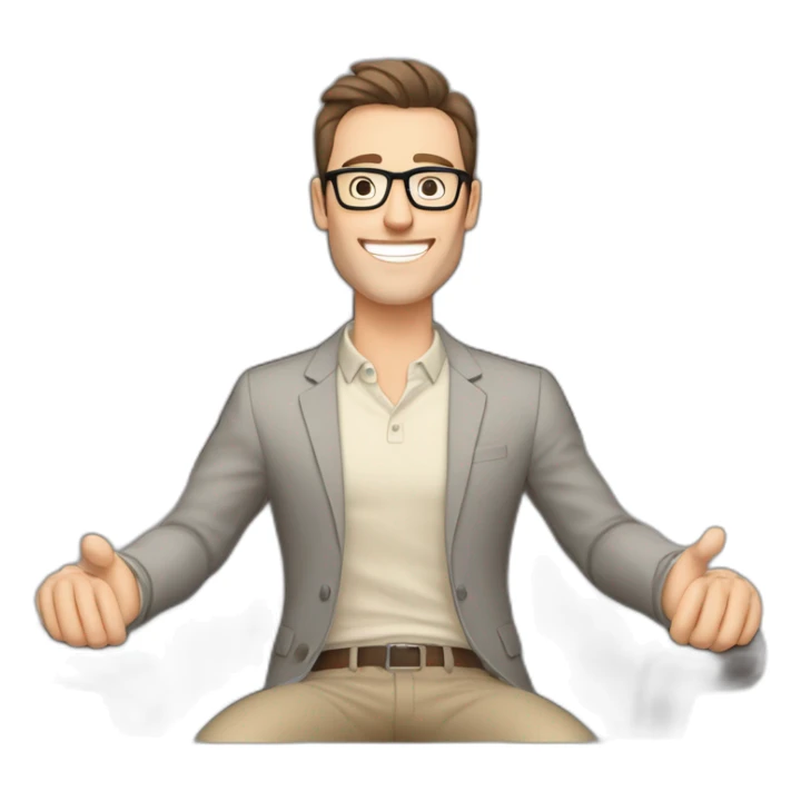 Joyful Celebrating victory Hands up Pale skinned Fit Man With dark brown hair in gray jacket, beige office shirt, Brown pants and vintage glasses sitting In a soft chair sticker
