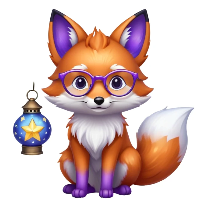 a small magical fox with shimmering purple and blue fur, a glowing fluffy tail, a silver star on its forehead, round glasses, and a tiny lantern. ❤️ sticker