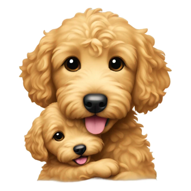 Mini golden doodle holding a baby sticker
