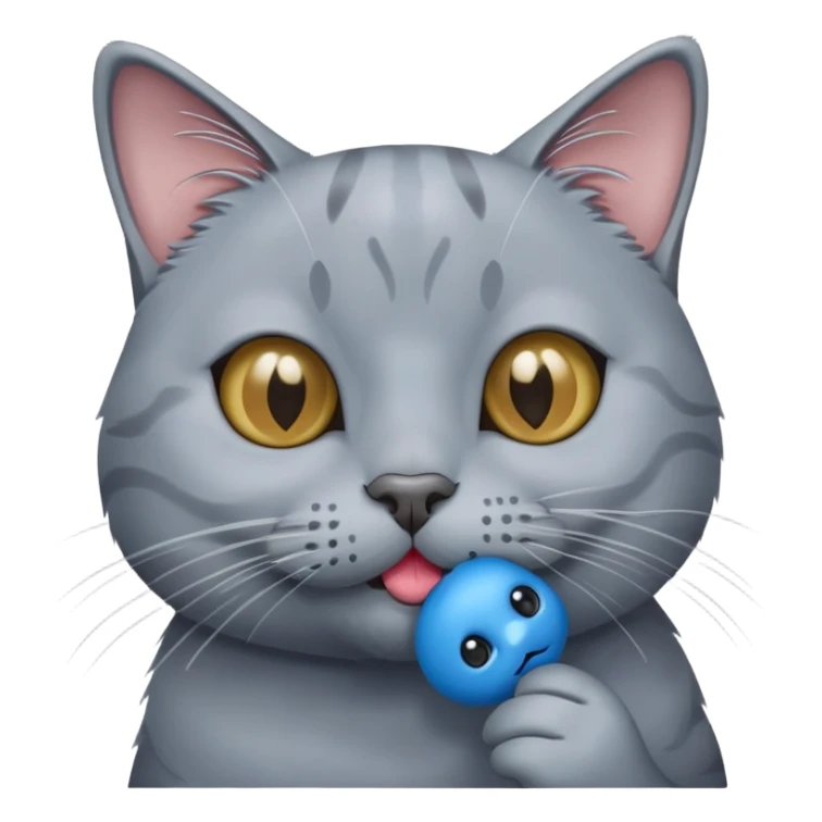 Old grey cat holding in mouth tiny blue seal  sticker
