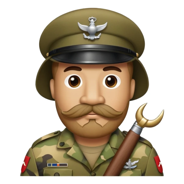 Soldier with bushy walrus mustache wearing camouflage sticker