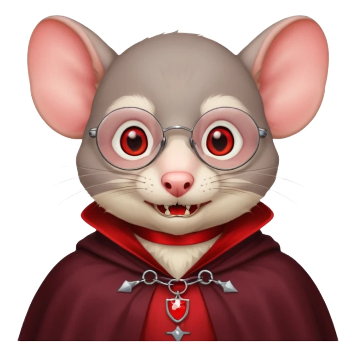 Vampire animal, rat in red collar cloak, red eye, fangs, classes sticker