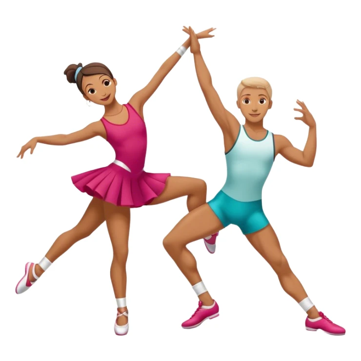 Icon for Sports Dance: a couple in competitive attire performing a synchronized dance with acrobatic moves, dance shoes, a rhythmic floor, and a competition backdrop. The icon should capture athleticism, technique, and acrobatic precision. Transparent background. sticker
