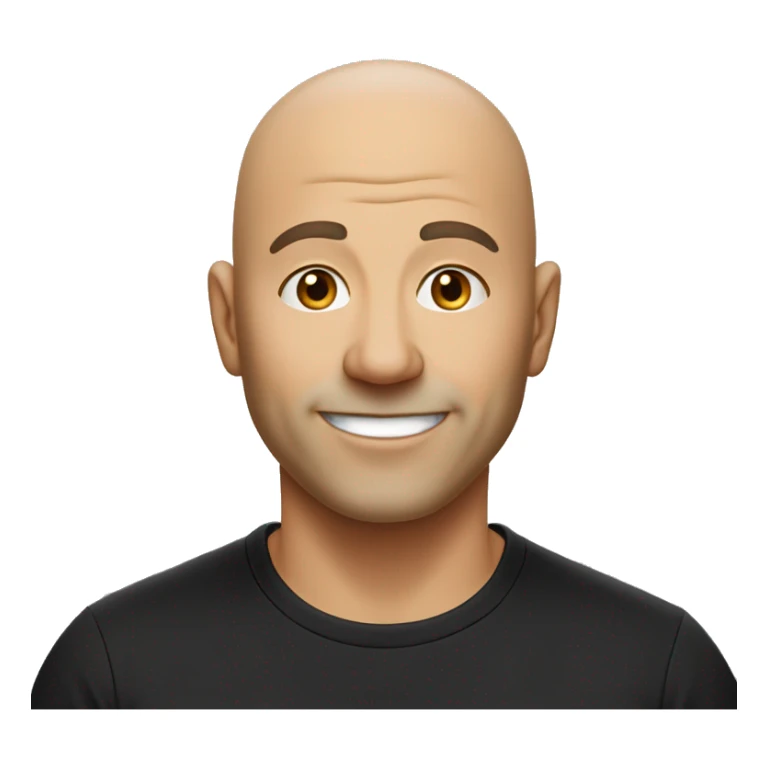 smiling bald man in middle age without the mustache and a little beard under his lips wearing a black t-shirt sticker