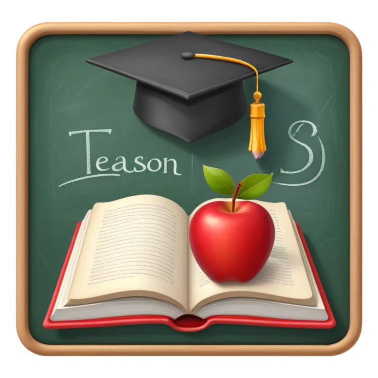 An icon featuring an open book, a pencil, and an apple, symbolizing education and pedagogy. The design includes a chalkboard with a lesson plan and a graduation cap, representing teaching and learning. Transparent background highlights the nurturing of knowledge and growth. sticker