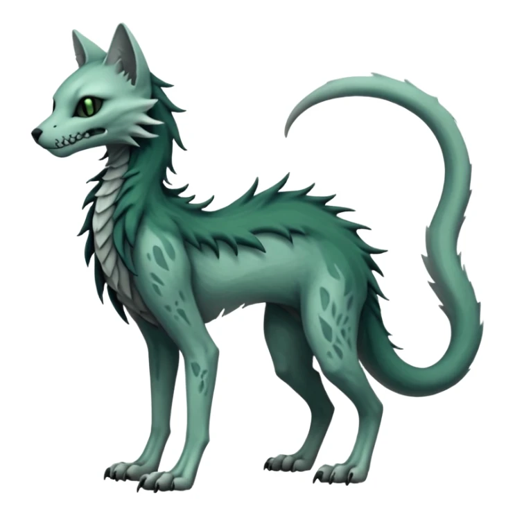 spectral spooky dark bleak blackish swampy white-skeletal gloomy ghostly dark greyish dark-deep-greenish foggy eldritch beautiful realistic edgy fantasy ghoul-like stitched feline-vernid-sergal-fursona animal creature with a tufted tail full body with intricate markings  sticker