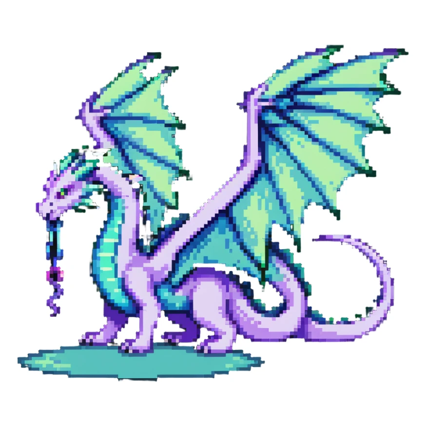 mysterious dragon with a long tail, large wings, and a magical aura, in green, blue, and purple sticker