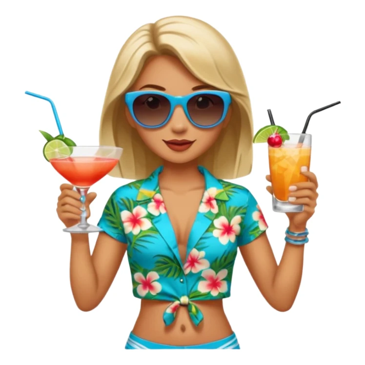 human female Unbuttoned Hawaiian shirt, swim trunks, shaking a cocktail shaker  sticker